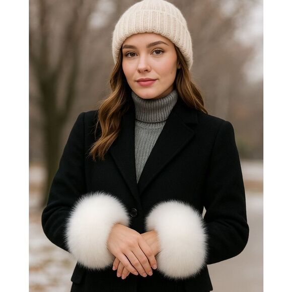 White Elegant Faux Fur Cuffed Sleeve Arm Warmers-One Size - Picture 3 of 6